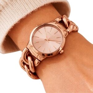 Michael Kors Rose Gold Chain Link Watch Crystal Dial Statement Bracelet